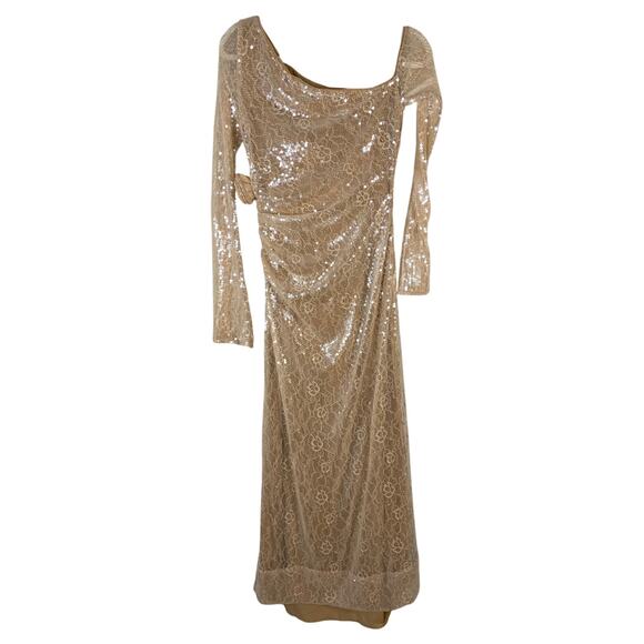 LPA Aniella Sequined Lace Gown Rosette One Shoulder Formal Party Champagne S - Picture 10 of 16